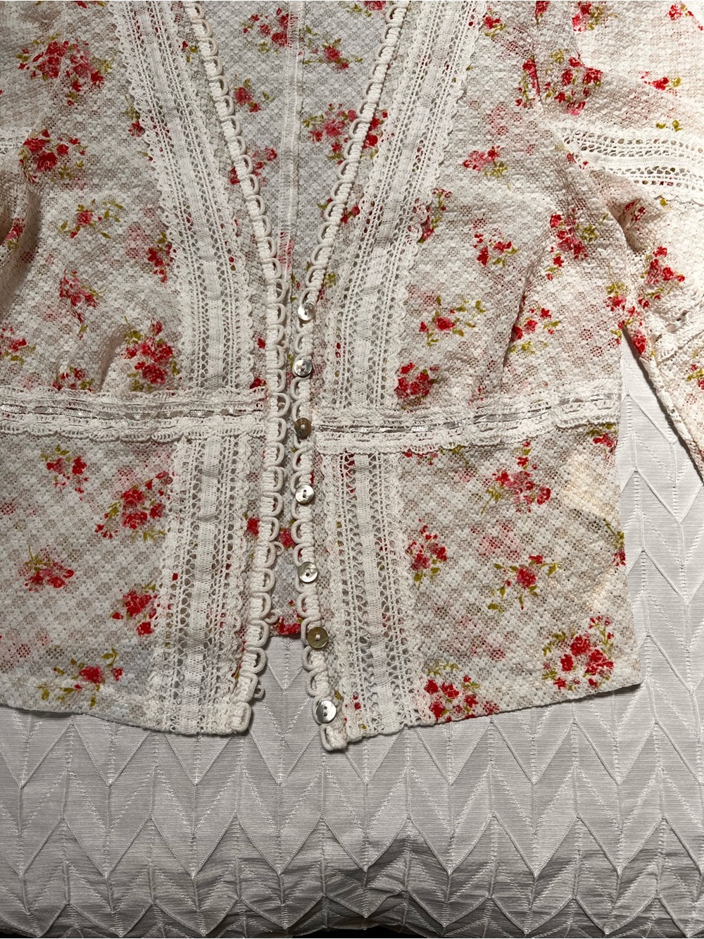 Free People Cream Floral Lace-Trim Button Cardigan - Picture 2 of 6